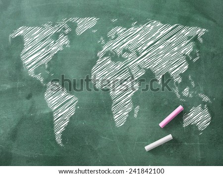 Sketch map of the world on green board.