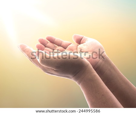 Human open empty hands with palms up. Christmas background, Worship, Forgiveness, Mercy, Humble, Repentance, Reconcile, Adoration, Glorify concept.