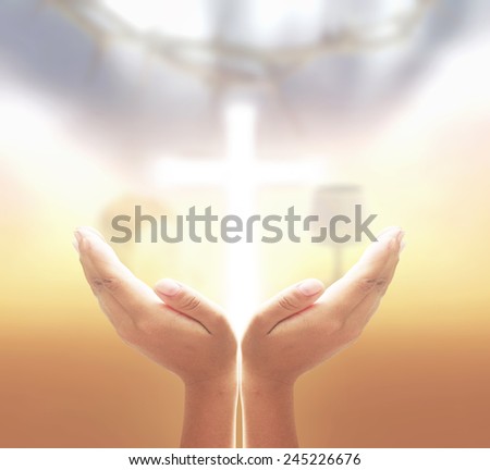 People open empty hands with palms up, over blurred crown of thorns and the white cross with glass of wine and Loaf of bread in eucharist of christian.