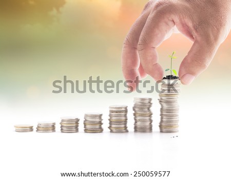 Human hand adding a coin with young plant in the final row on blurred sunset background. Money coin concept.