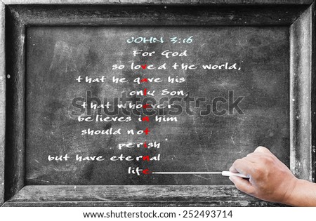 Hand holding chalk and writing text form bible 