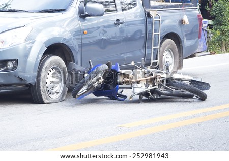 Two vehicle head-on accident, caused by one pickup blow out to yield, results in a motorcycle crash.