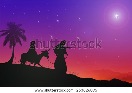 Mary and Joseph with a donkey on Christmas Eve. Bethlehem city in the background. Nativity story.