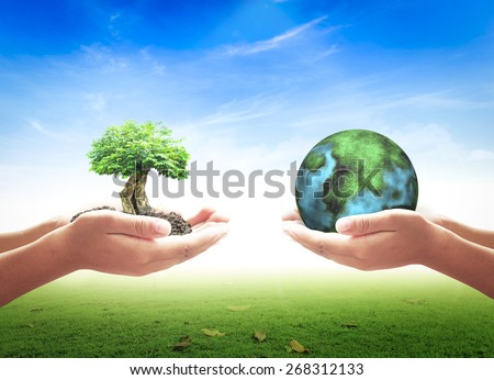 First, human hands holding big tree. Second, human hands holding planet over nature background. Ecology concept.