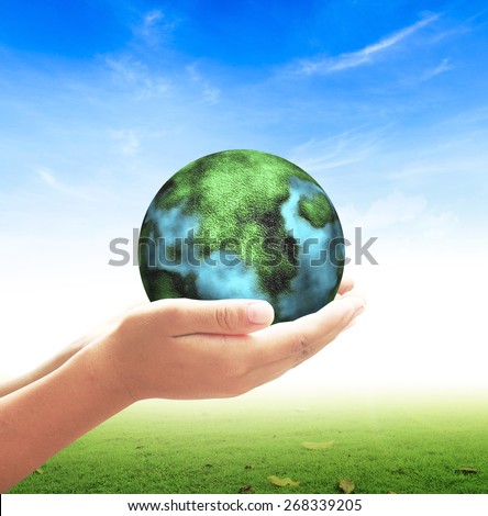 Planet in human hands on nature background. environment concept.