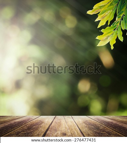 Wooden paving and blurred nature background. World Environment Day, Ecology, Agriculture, Health Care, Religion concept.