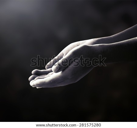 Black and white human open empty hands with palms up. Pray for support concept. World Mental Health Day concept.