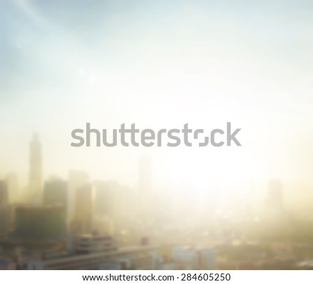 Vintage style. Blurred aerial view of Bangkok skyline on amazing golden warm light at sunrise. Beautiful hotel and resident of Bangkok city, Thailand background. Abstract blur city background concept.