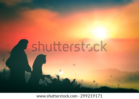 Silhouette Mary, Joseph and Jesus Christ in the manger in Bethlehem on Christmas Eve. Nativity scene story, Christmas background, Happy Birthday, Family, Love, Father, Mothers Day, Messiah concept.