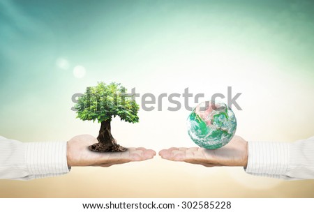 Vintage style. First, human hands holding big tree. Second, human hands holding planet on blurred nature background. Ecology or World Environment Day concept. Elements of this image furnished by NASA.
