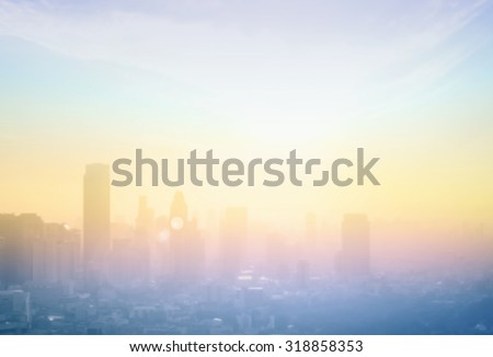 Vintage style. Blurred aerial view skyline on amazing beauty colorful rainbow sunrise. Hotel, resident of Bangkok city, Thailand, Asia. Insurance, Investment, industry, Business, Environmental concept