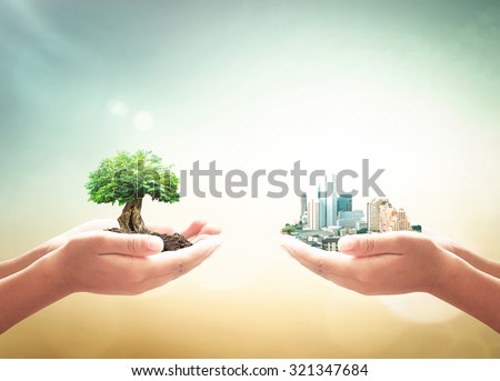 First, human hand holding big plant. Second, human hand holding the city over blurred nature background. Ecological City, World Environment Day concept. World Food Day concept.