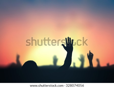 People raising hands over blur light night sky background. Human Right Christian Religion Adore Cross Good Friday Death Presidents Help Give God Rise Vote Labor Labour Africa Union Day Civil concept