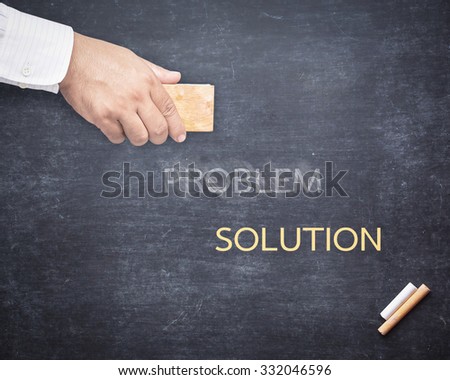 Businessman hand erased the word PROBLEM from a chalkboard for changing to SOLUTION. Change concept.
