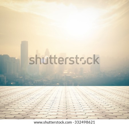 Empty square and floor blurred aerial view of Bangkok skyline on amazing beauty golden light sunrise. Beautiful hotel, resident of Bangkok, Thailand, Asia. Abstract blur big city background concept.