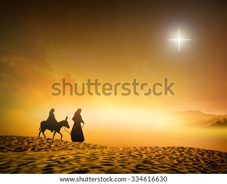 Silhouette Mary Joseph journey through desert with a donkey on golden sunset looking for a place to stay on Christmas Eve. Nativity scene story, Merry Christmas Card background Baby Jesus Fast concept