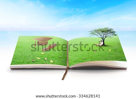 Open book of nature in a asian girl reading book under big tree with graduation cap made of brown fabric texture on meadow over blue sky background. Reading leads to the success concept.