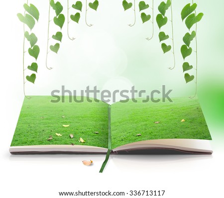 Open book in a beautiful green meadow with heart shape of leaves over blurred beautiful green nature background. Book Of Nature, Valentines day, Environment, Ecology concept.
