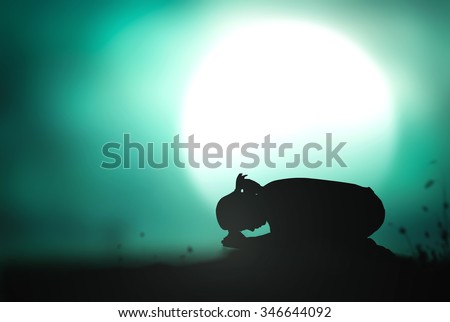 Silhouette of woman kneeling and praying over beautiful full moon light background. Christmas, Worship, Forgiveness, Mercy, Humble, Evangelical, Hallelujah, Thankful, Praise, Redeemer, Amen concept
