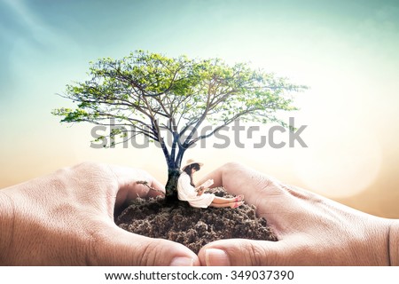 A beautiful asian girl reading book under big tree with heart of hands holding soil. Human right day Ecology health care Tree of Knowledge Life Holy Bible God Creation Religion Love CSR concept.