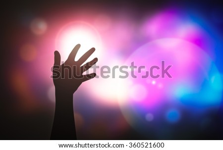 Silhouette people raising hands on blurred colorful light background. Worship, Forgiveness, Mercy, Evangelical, Hallelujah, Praise, Redeemer, Amen, Human Rights, Love, Happy Valentine\'s Day concept