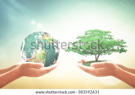 Two human hand holding planet and tree. CSR Investment Kindness Clean Recycle Arbor Spring Time Rethink Reduce Reuse Recycle Recondition Refuse Return concept. Elements of this image furnished by NASA