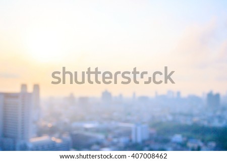 Vintage style. Blurred aerial view of Bangkok skyline on amazing beauty golden warm light sunrise. Beautiful hotel, resident of Bangkok city, Thailand, Asia. Insurance, Investment, industry concept.