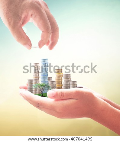 Investment concept. ROI Idea Insurred Bank CSR Trust Debt Food Nature Dollar Seed Support Charity Treasure Safety City Cash Grow Future Deposit Save Bonus Risk Blur Hand Plant Family Gains.