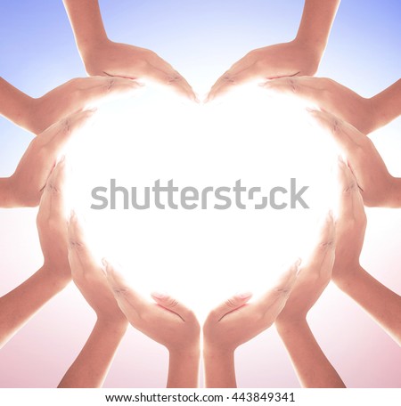 People hands heart shape. Unity Happy Mental Pray CSR Crowd Humility Belief Helpful Trust Peace Many Team Nurses Human Right Touch White Nature Bless Red Blue Science Blood Donor Solidarity USA France
