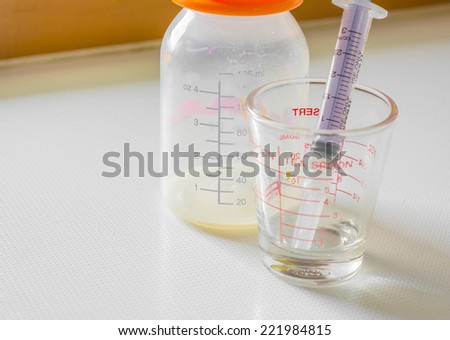 image of milk bottle and syringe on the table .