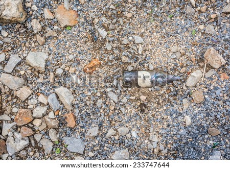 image of bottle and rock on ground .