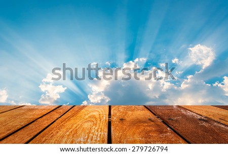 image of  Perspective wood for product display template and clear sky on day time for background usage.