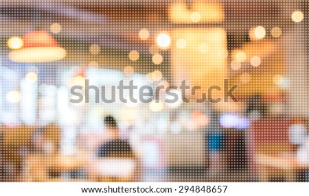 Pattern dot Pixelation image of Empty wood table and Coffee shop blur background with bokeh.