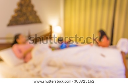 image of blur people laying in rest room with bokeh for background usage .