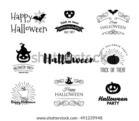 Halloween party invitation label templates with holiday symbols - witch hat, bat, pumpkin, ghost, web. Halloween. Badges set Use for party posters, flyers, cards, invitations, design. Happy Halloween.