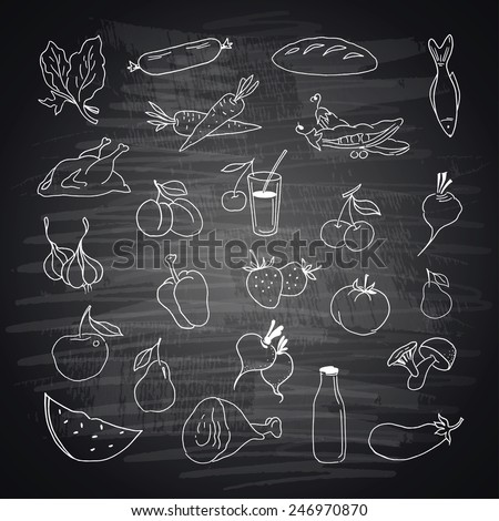 Vector set of different hand drawn food. Fruits and vegetables
