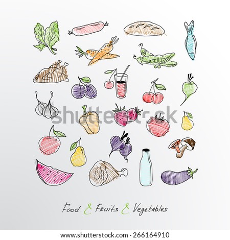Collection of hand drawn food, fruits and vegetables sketch