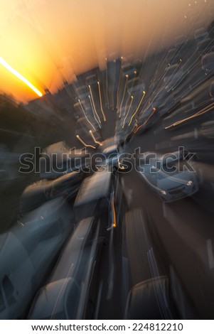 Abstract Speed Sunset Cars at Highway. Motion Blur