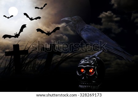 Crow standing on the skull in full moon ( dark Image style )