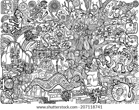 Abstract mayan background with plants, animals, reptiles, flowers, masks, people and symbols.