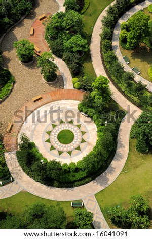 The aerial view of a modern garden.