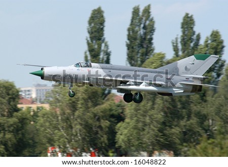 Mikoyan MiG-21bis Fishbed fighter aircraft of the Czech Air Force landing at Pardubice Air Base.