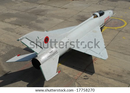 Plan view of an Albanian Air Force MiG-21F-12 jet fighter aircraft.