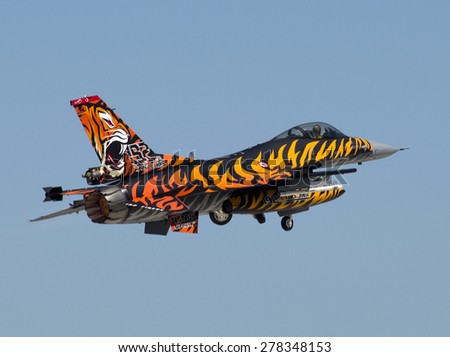 May 9 2015. Konya Air Base during Nato Tiger Meet 2015. Lockheed Martin F-16C Fighting Falcon supersonic jet fighter bomber of 192 Filo Turkish Air Force in special Tiger colours