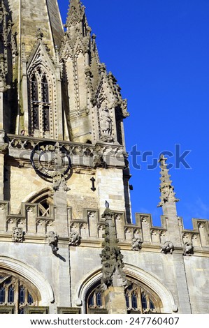 Architectural detail of Gothic cathedral in Oxford, UK.