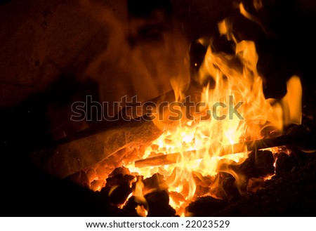 forge fire in blacksmith\'s where iron tools are crafted