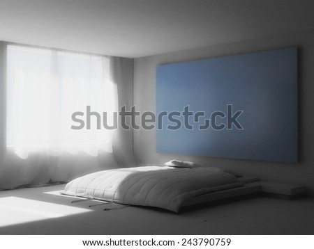 3D rendering of a bedroom with a king size platform bed covered with sheets and pillows