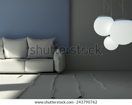 3D rendering of a living room pillow sofa in front of a big blue frame picture with hanging lights in front