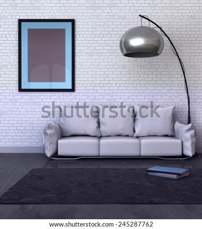 3D rendering of a modern home interior with blank frame