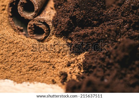 cinnamon powder with sticks and coffee powder. macro,selective focus